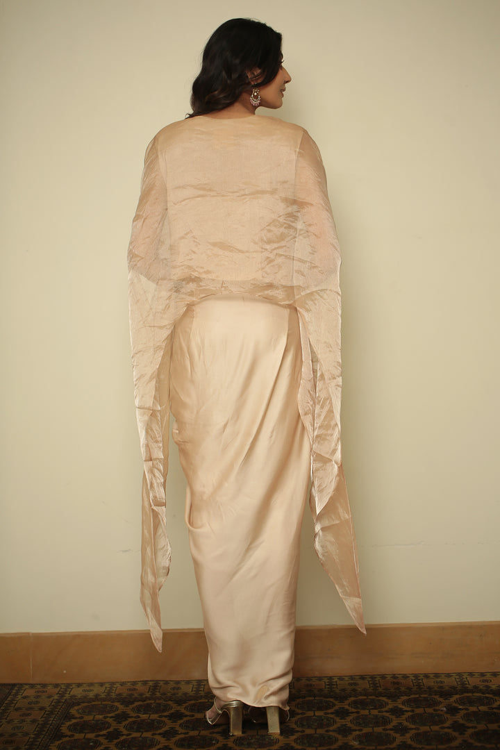 tissue Indowestern with Aari, Gota, Pearl, Thread, Zardozi, Zari work.