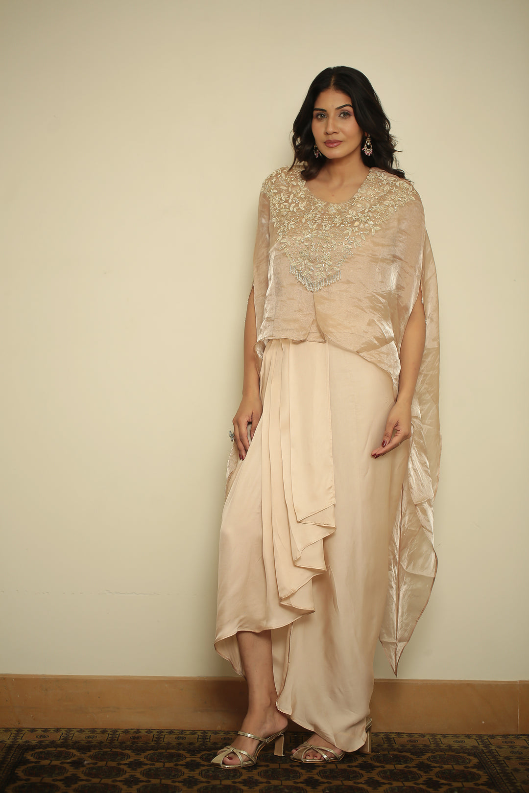tissue Indowestern with Aari, Gota, Pearl, Thread, Zardozi, Zari work.