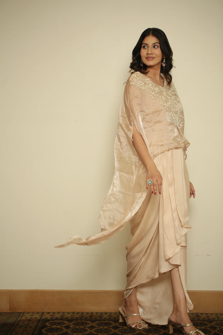 tissue Indowestern with Aari, Gota, Pearl, Thread, Zardozi, Zari work.
