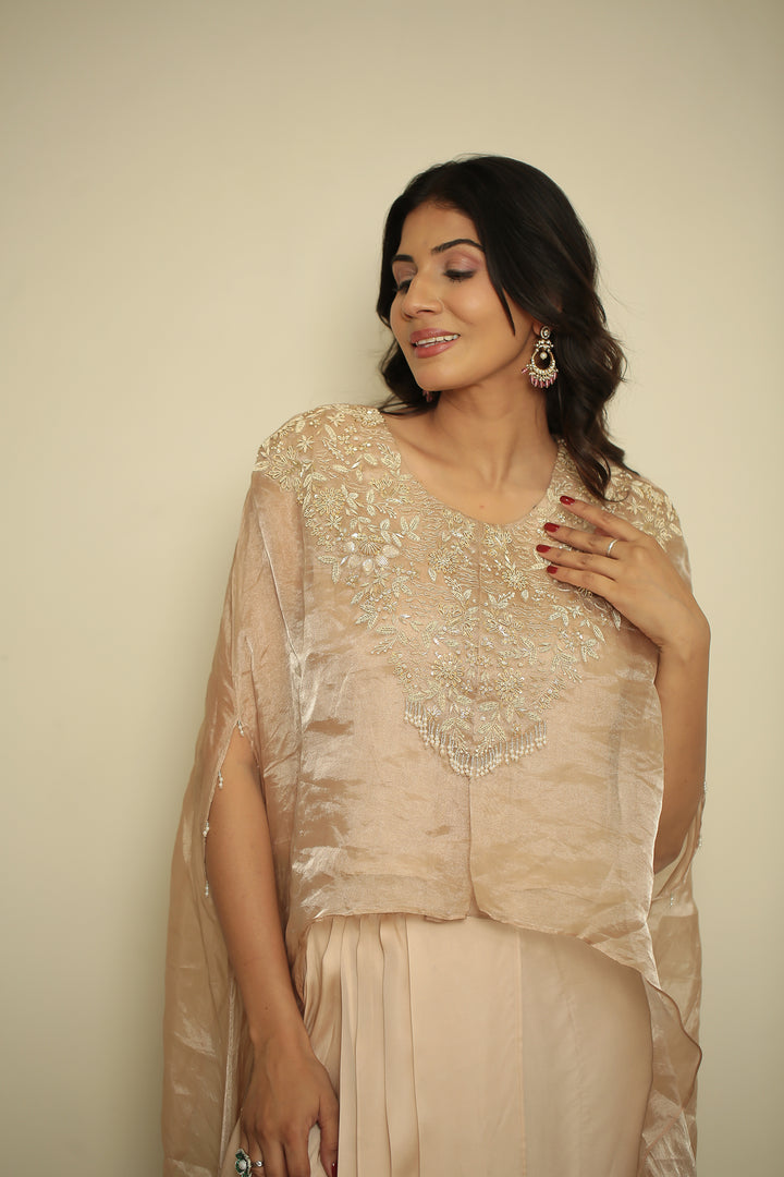 tissue Indowestern with Aari, Gota, Pearl, Thread, Zardozi, Zari work.