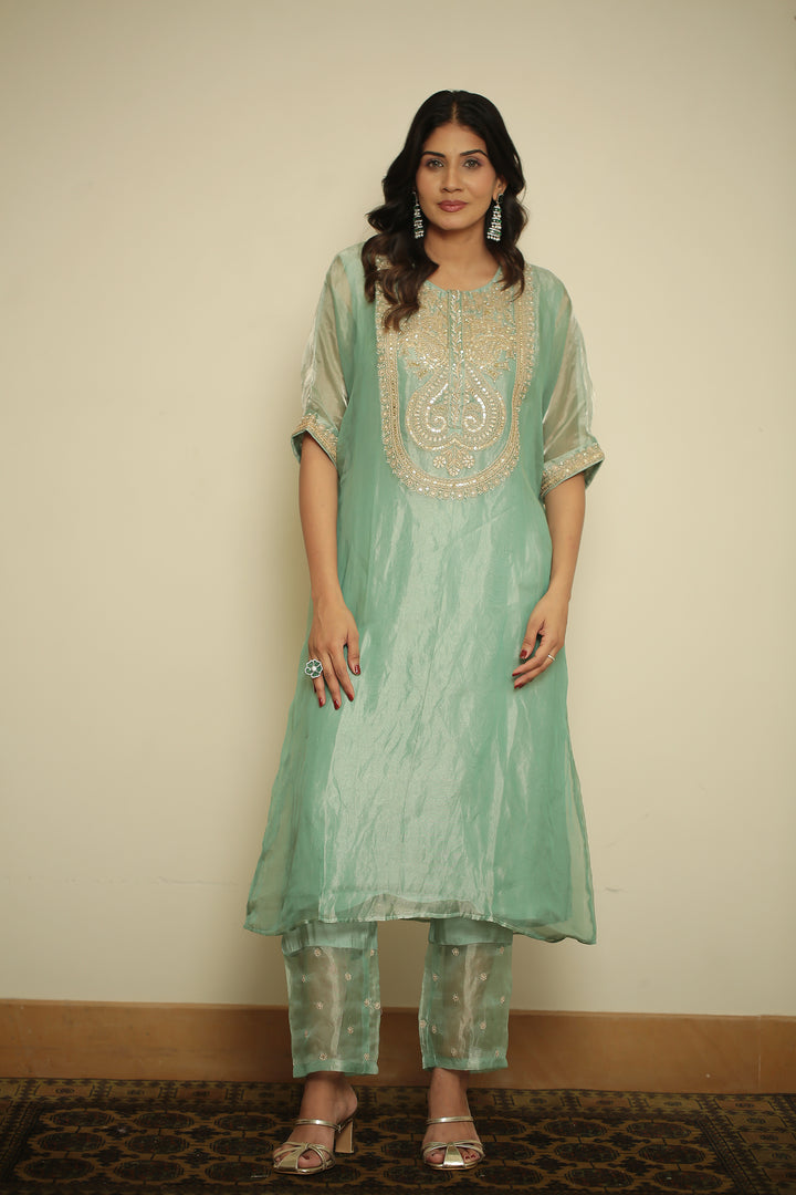 tissue Kaftan with Dori, Gota, Gota Patti, Pearl, Sequins, Zardozi work.