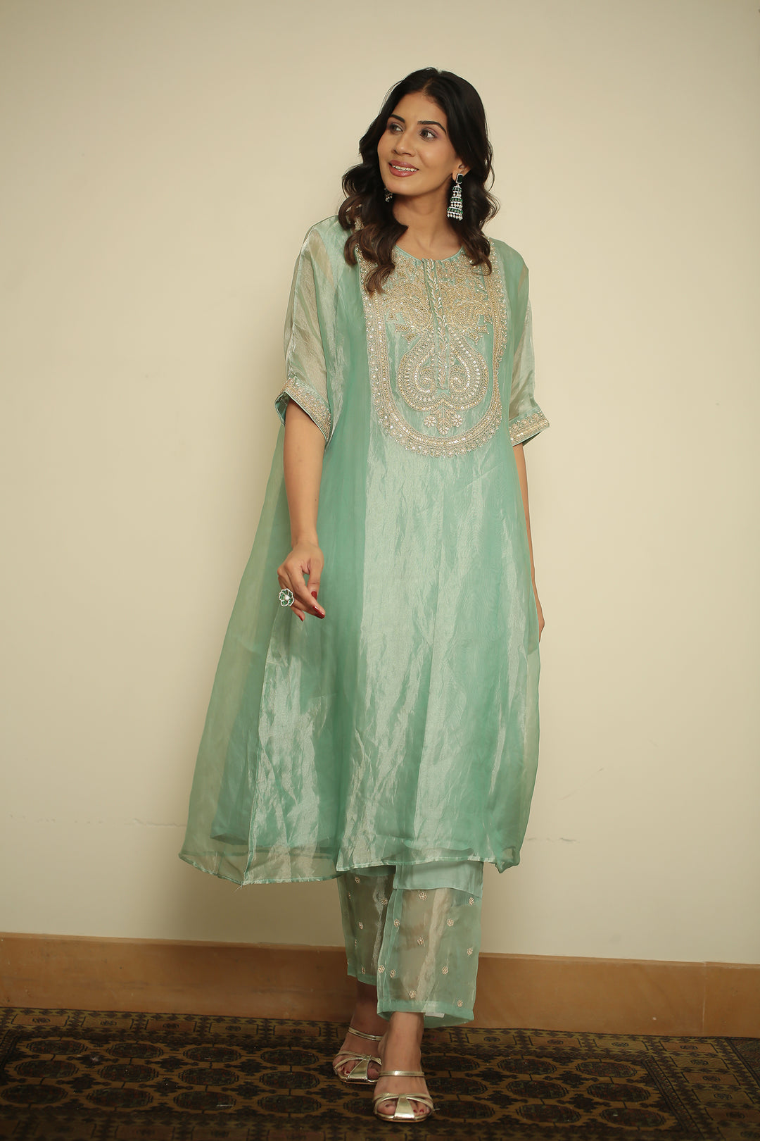 tissue Kaftan with Dori, Gota, Gota Patti, Pearl, Sequins, Zardozi work.