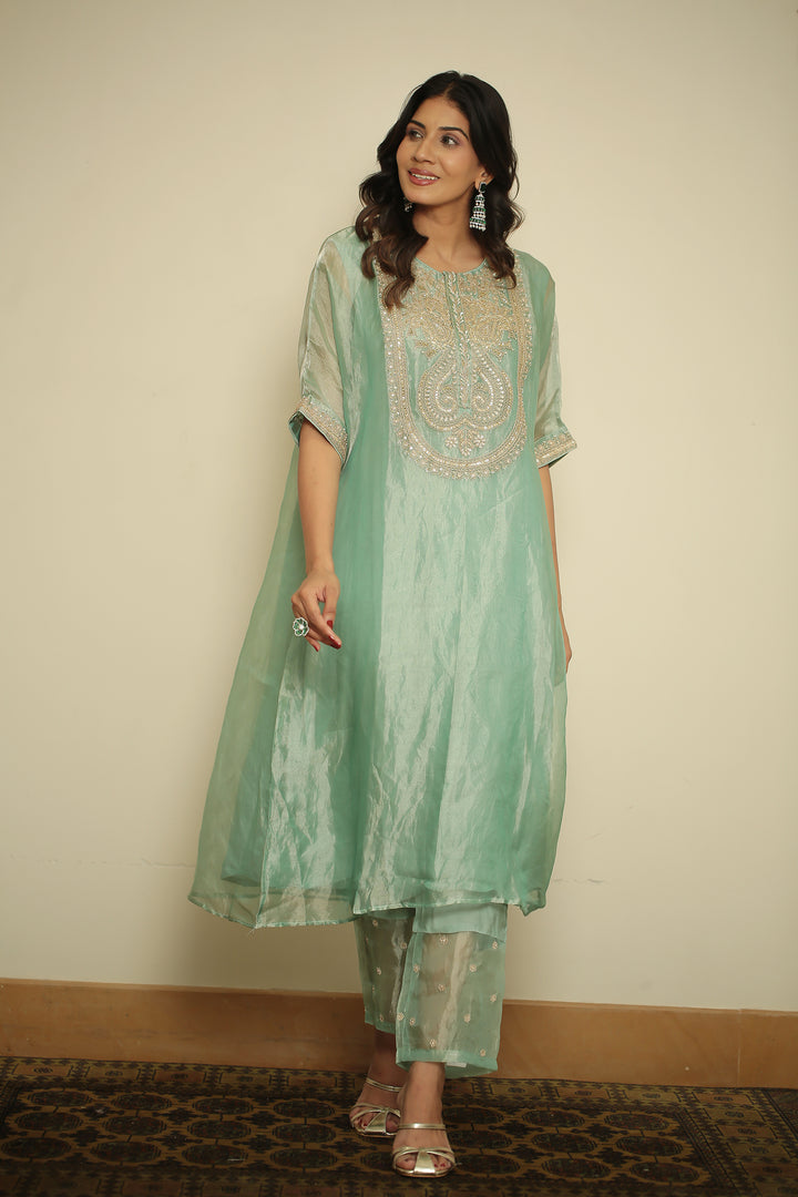 tissue Kaftan with Dori, Gota, Gota Patti, Pearl, Sequins, Zardozi work.