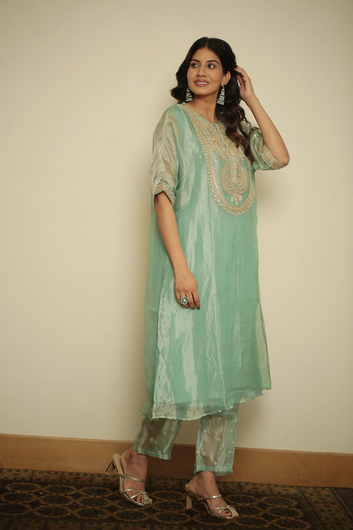 tissue Kaftan with Dori, Gota, Gota Patti, Pearl, Sequins, Zardozi work.