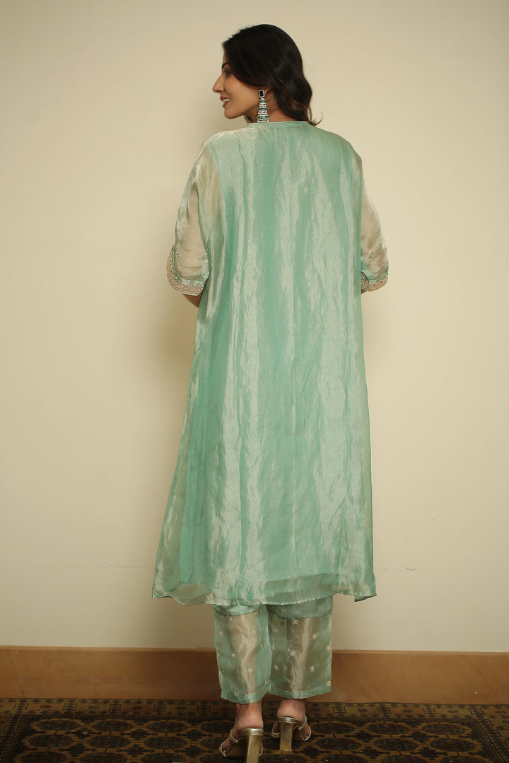 tissue Kaftan with Dori, Gota, Gota Patti, Pearl, Sequins, Zardozi work.