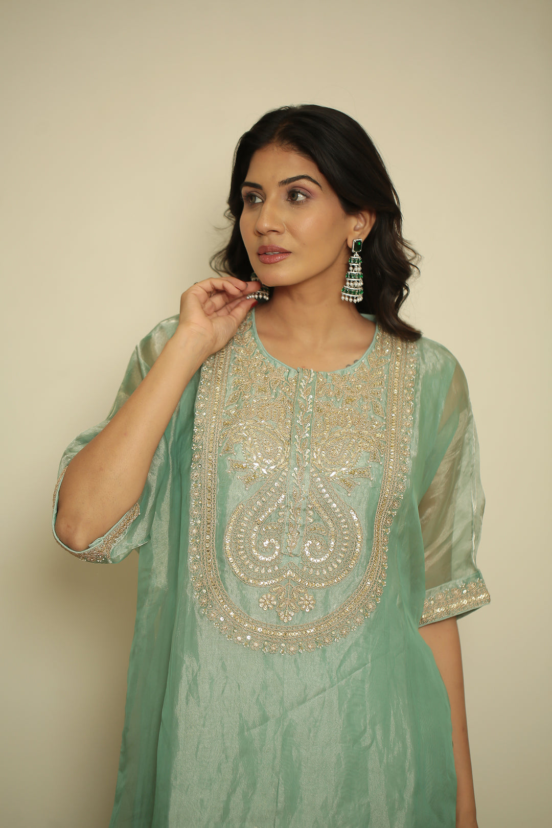 tissue Kaftan with Dori, Gota, Gota Patti, Pearl, Sequins, Zardozi work.