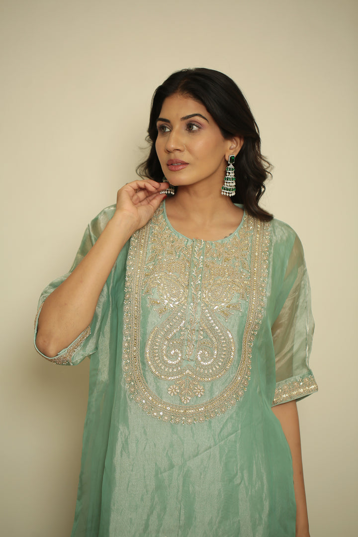 tissue Kaftan with Dori, Gota, Gota Patti, Pearl, Sequins, Zardozi work.