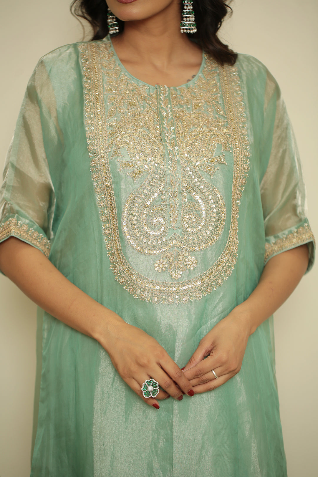 tissue Kaftan with Dori, Gota, Gota Patti, Pearl, Sequins, Zardozi work.
