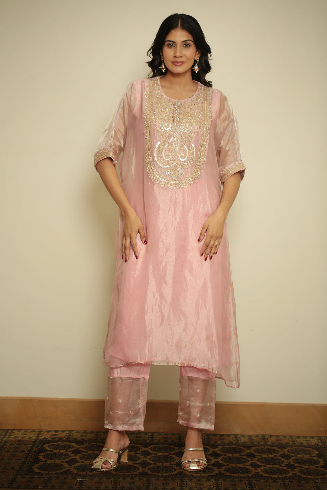 tissue Kaftan with Dori, Gota, Gota Patti, Pearl, Sequins work.