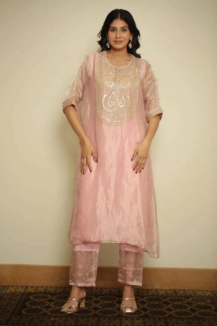 tissue Kaftan with Dori, Gota, Gota Patti, Pearl, Sequins work.