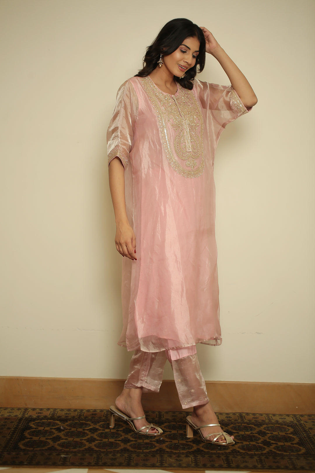 tissue Kaftan with Dori, Gota, Gota Patti, Pearl, Sequins work.