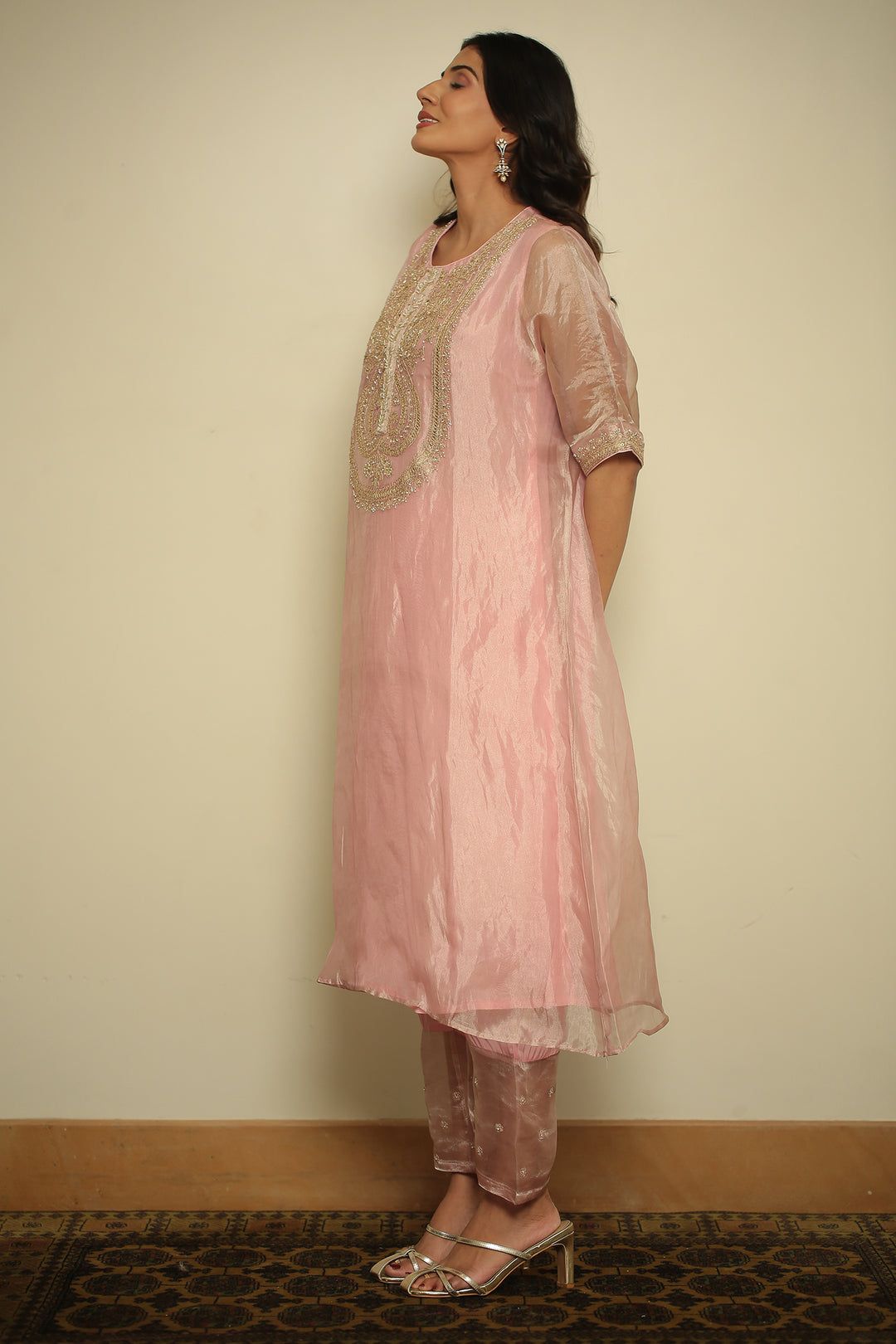 tissue Kaftan with Dori, Gota, Gota Patti, Pearl, Sequins work.