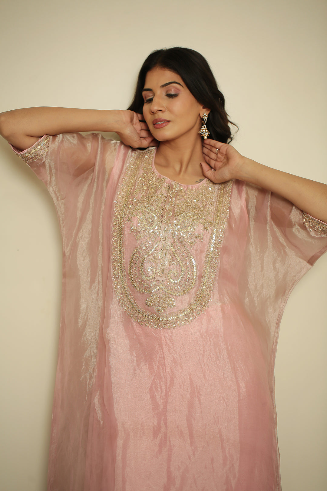 tissue Kaftan with Dori, Gota, Gota Patti, Pearl, Sequins work.