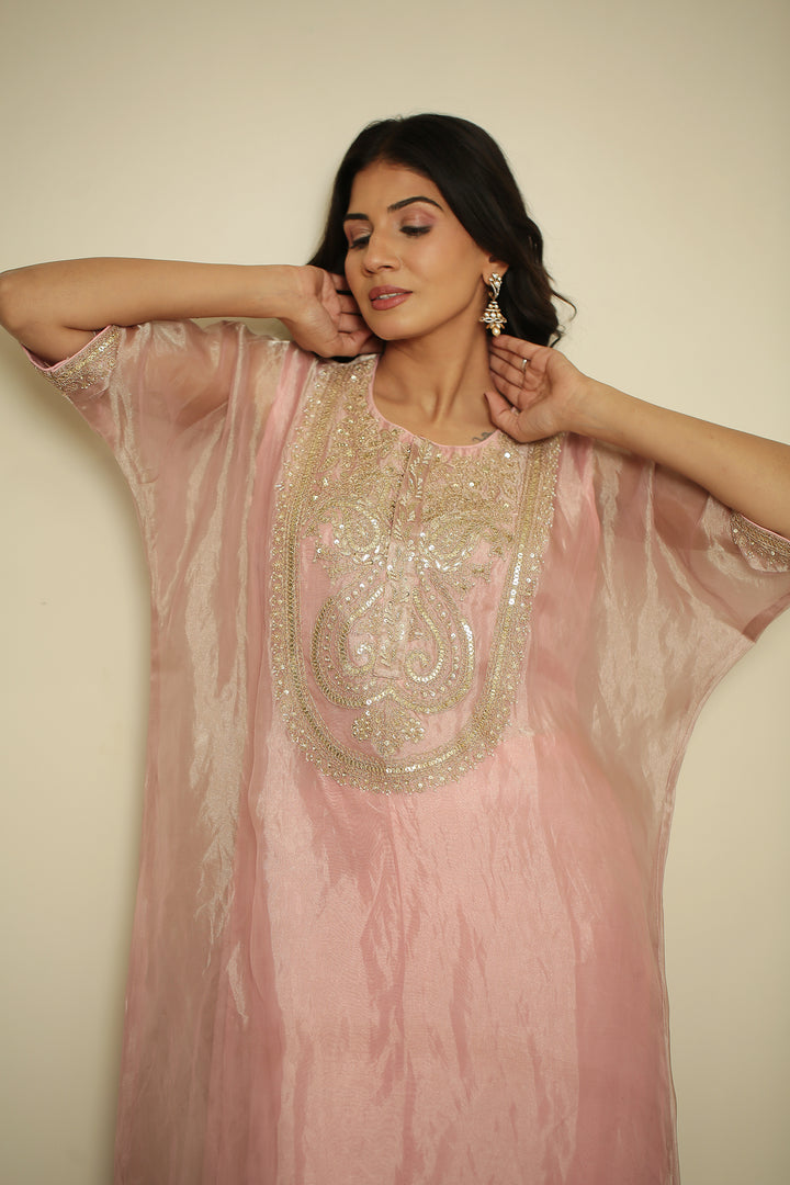 tissue Kaftan with Dori, Gota, Gota Patti, Pearl, Sequins work.