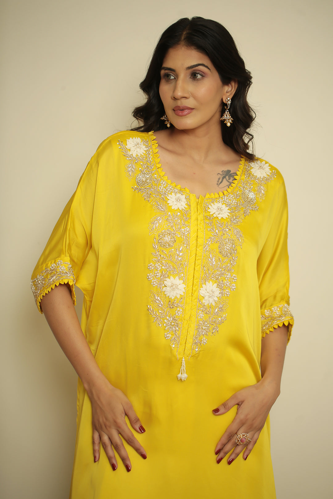 organza Kaftan with Pearl, Sequins, Thread work.