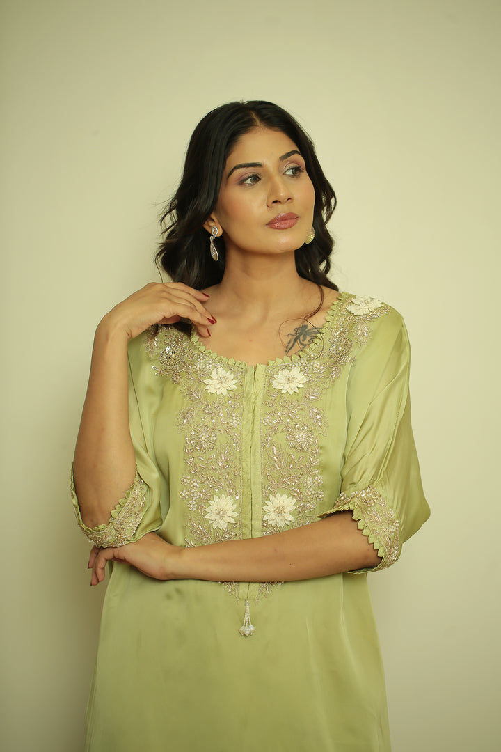 organza Kaftan with Pearl, Sequins, Thread work.