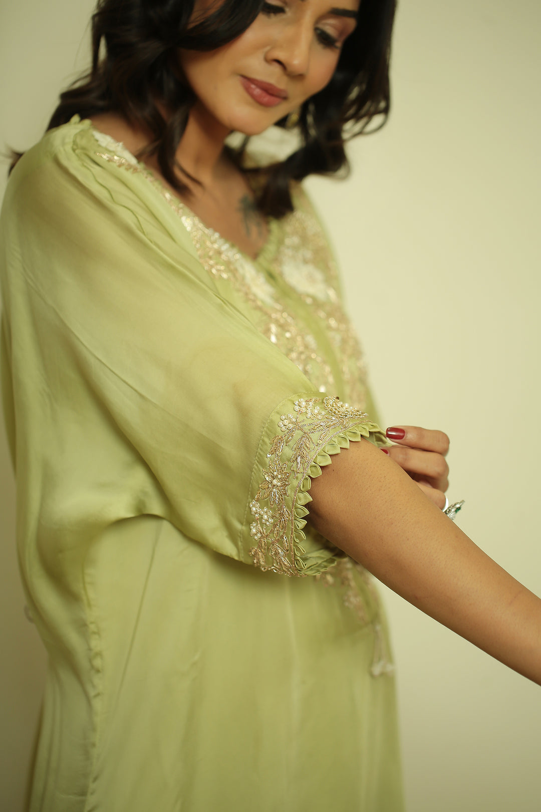 organza Kaftan with Pearl, Sequins, Thread work.