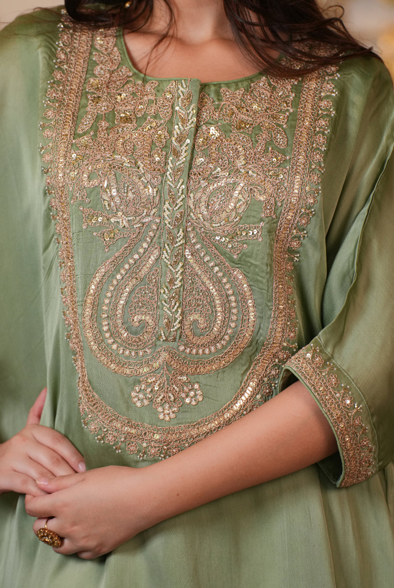 Organza Suit with Aari, Gota Patti, Pearl work.