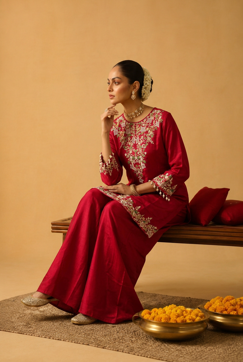 Satin Organza Indowestern With Sequins, Thread Work.
