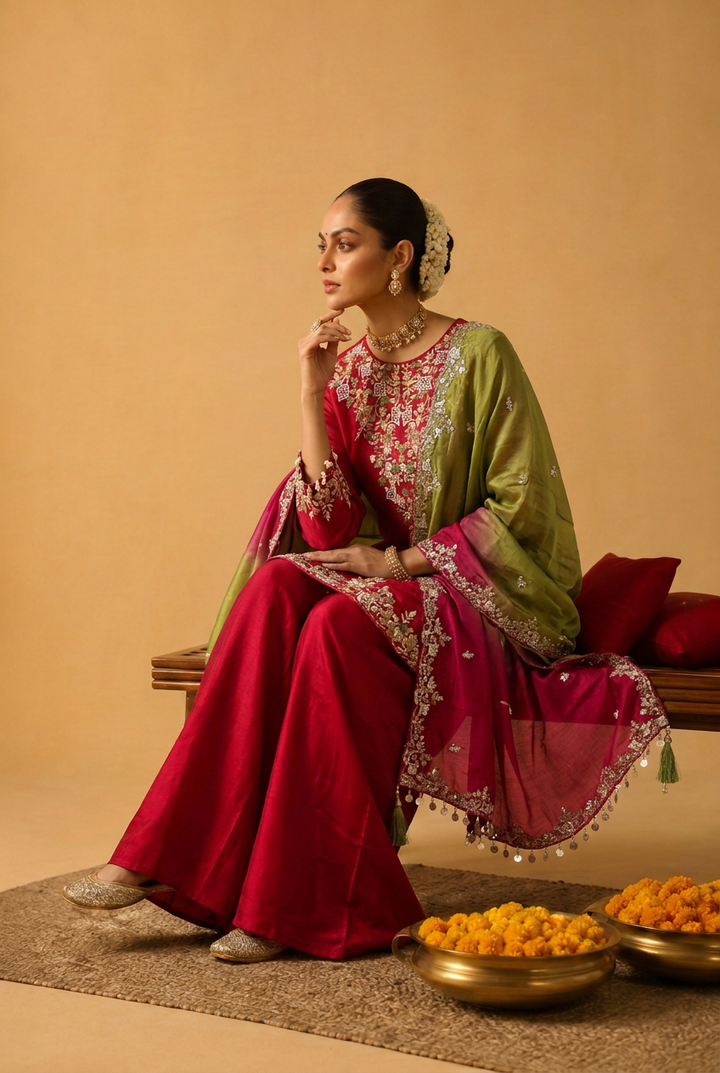 Satin Organza Indowestern With Sequins, Thread Work.