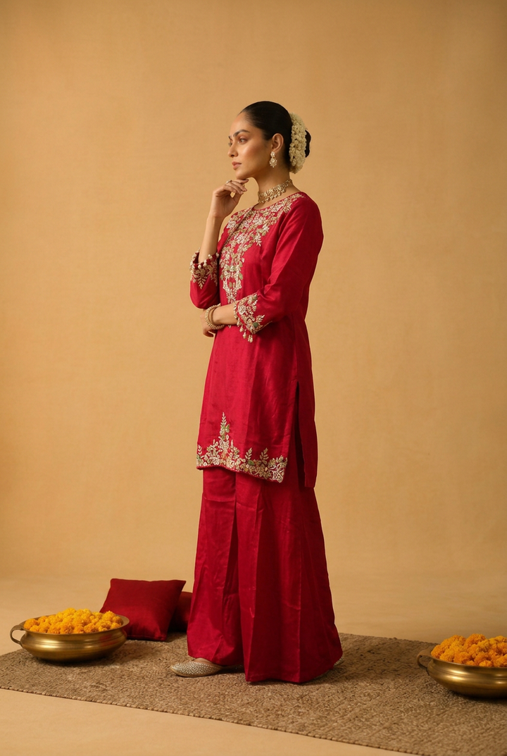 Satin Organza Indowestern With Sequins, Thread Work.
