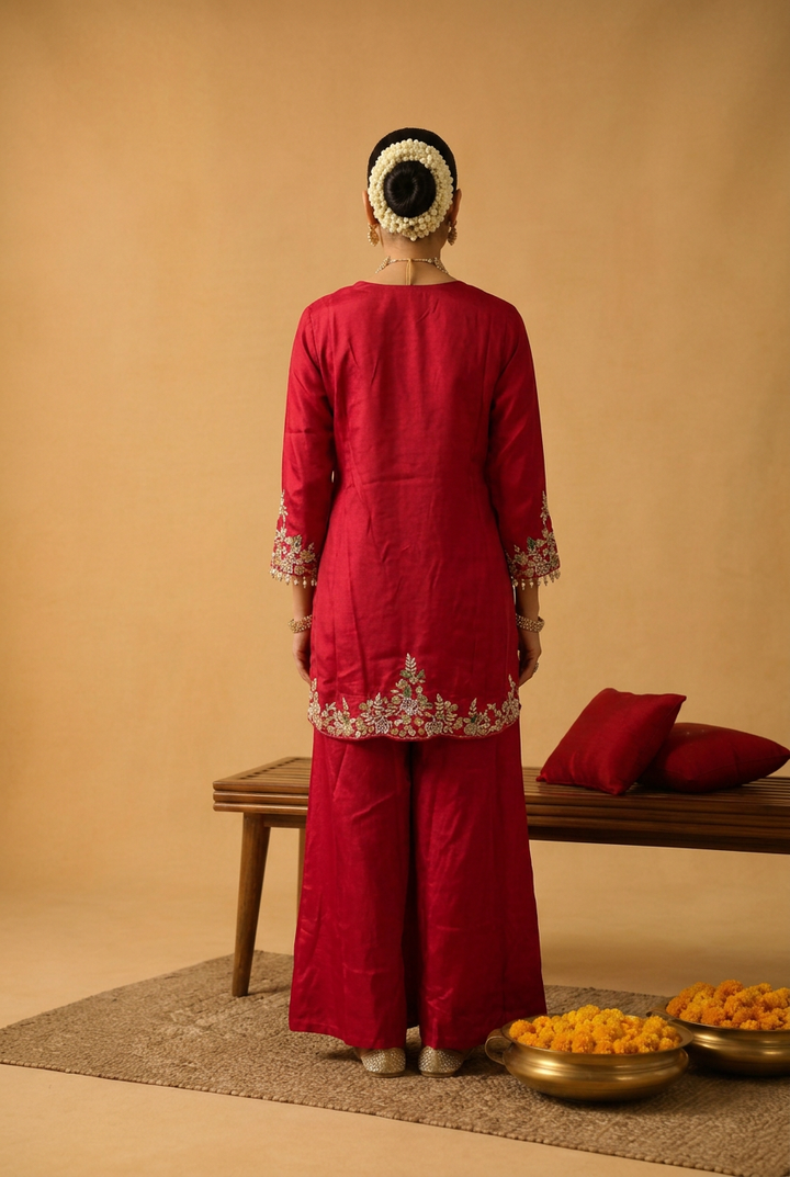 Satin Organza Indowestern With Sequins, Thread Work.