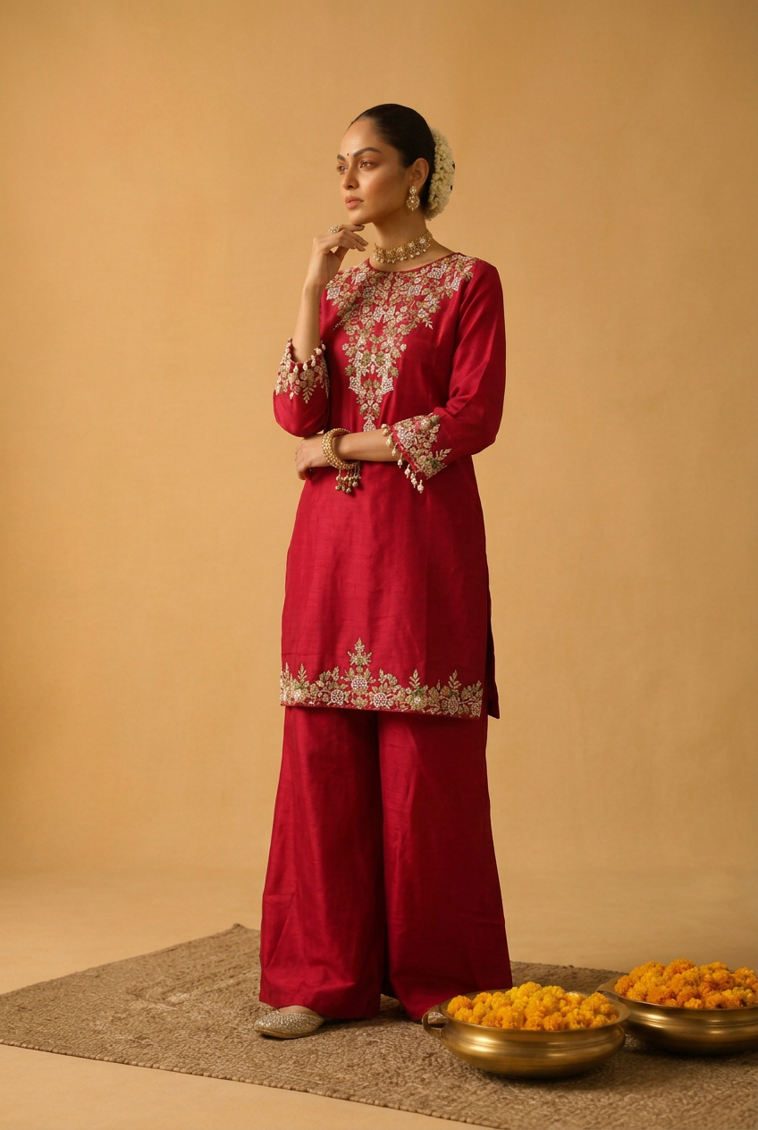 Satin Organza Indowestern With Sequins, Thread Work.