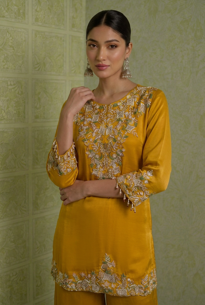 Satin Indowestern With Cutdana, Sequins, Thread Work.