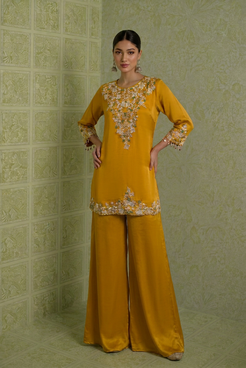 Satin Indowestern With Cutdana, Sequins, Thread Work.