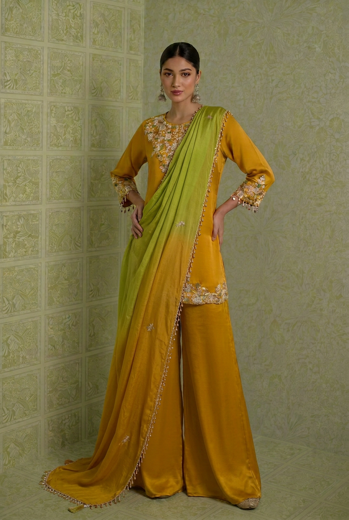 Satin Indowestern With Cutdana, Sequins, Thread Work.