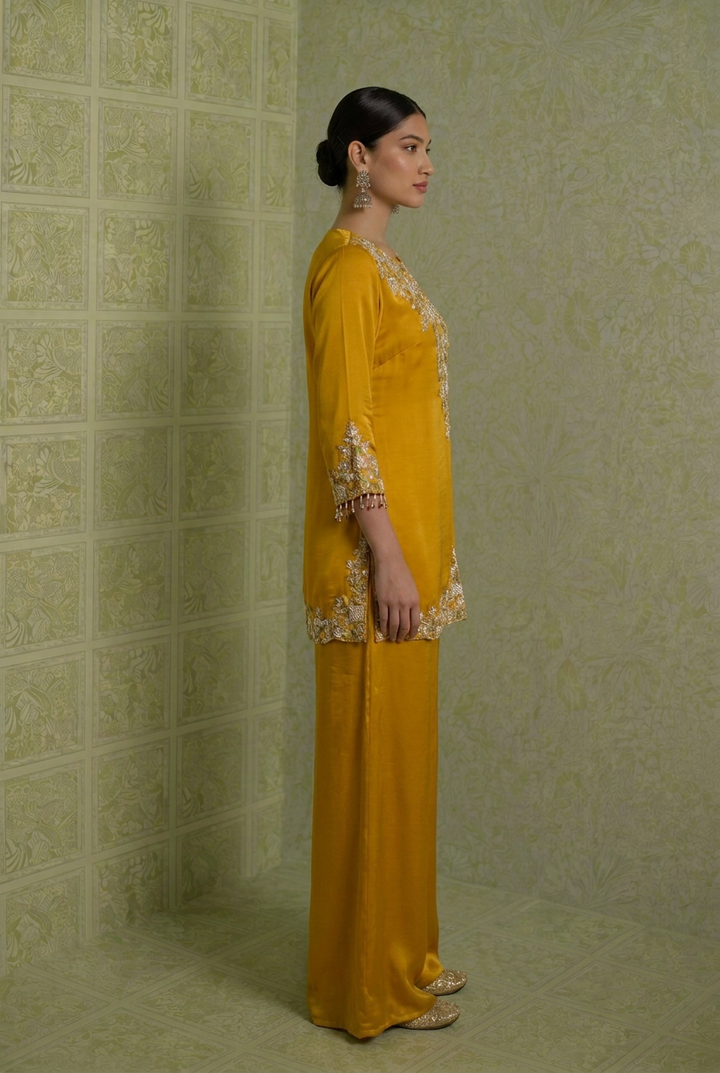 Satin Indowestern With Cutdana, Sequins, Thread Work.