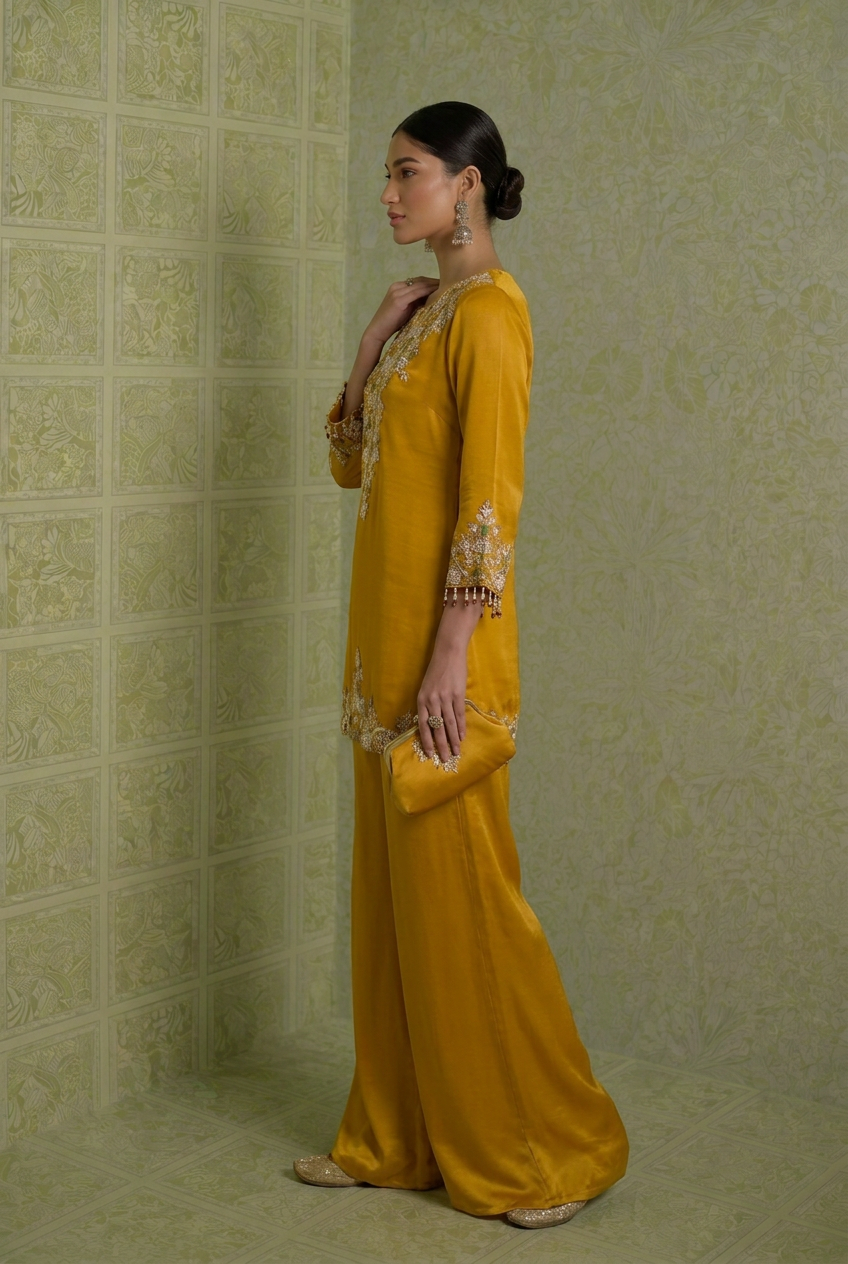 Satin Indowestern With Cutdana, Sequins, Thread Work.