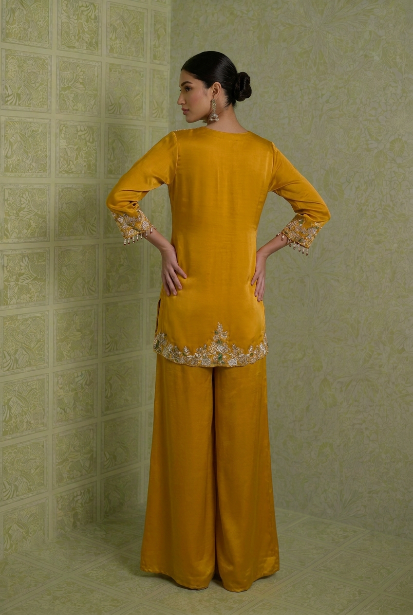 Satin Indowestern With Cutdana, Sequins, Thread Work.