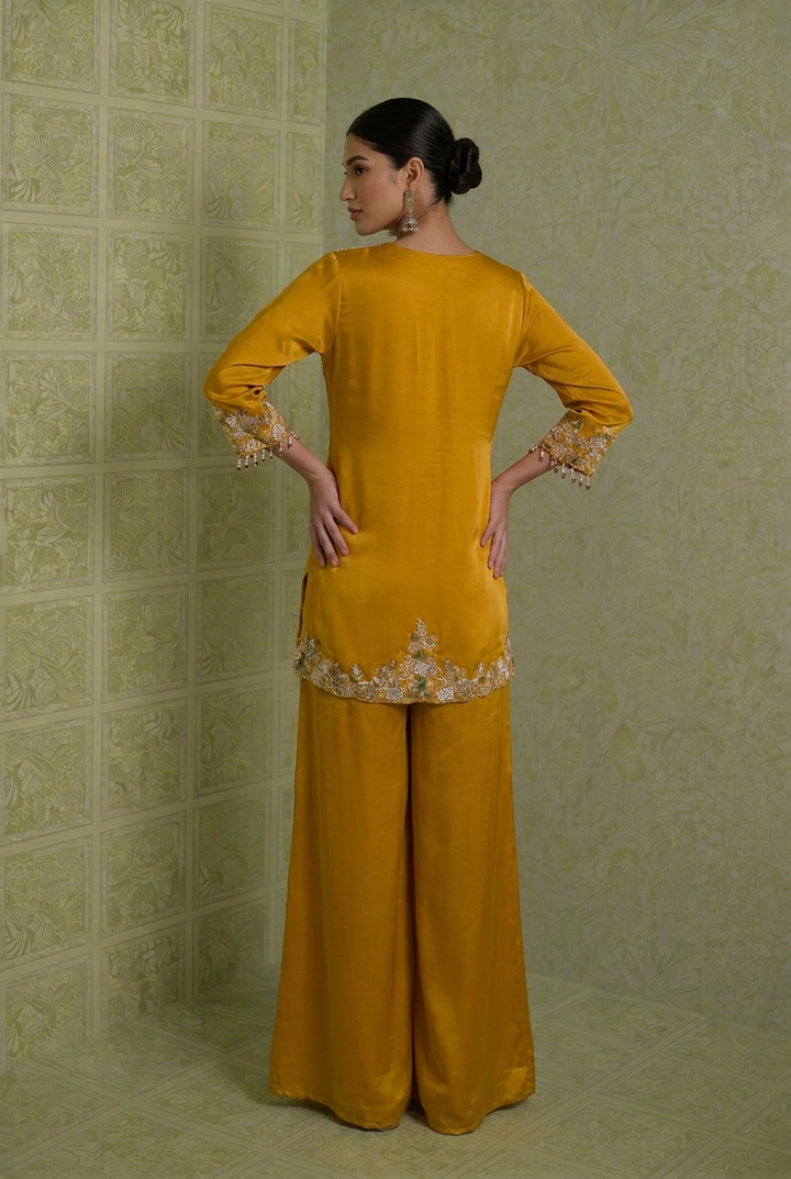 Satin Indowestern With Cutdana, Sequins, Thread Work.