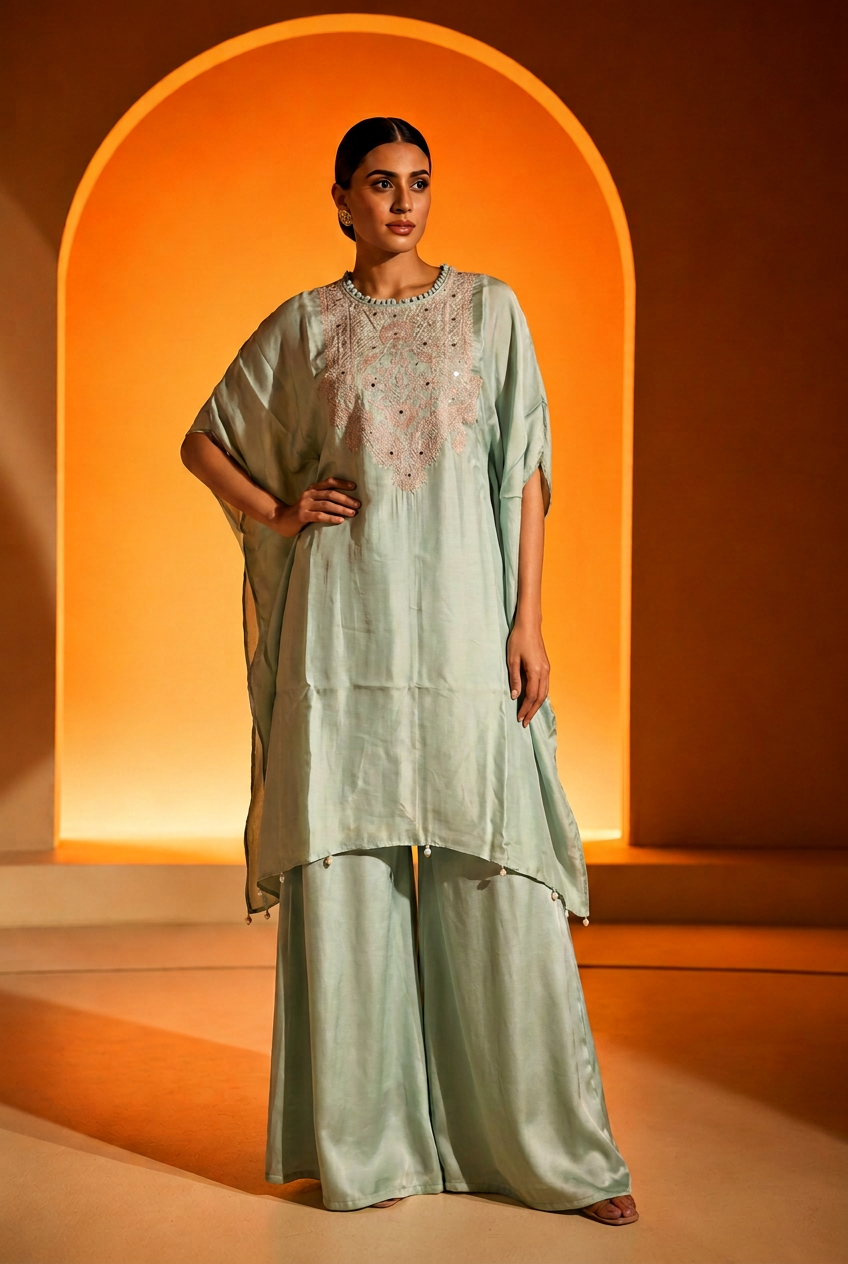 Satin Indowestern With Aari Work.