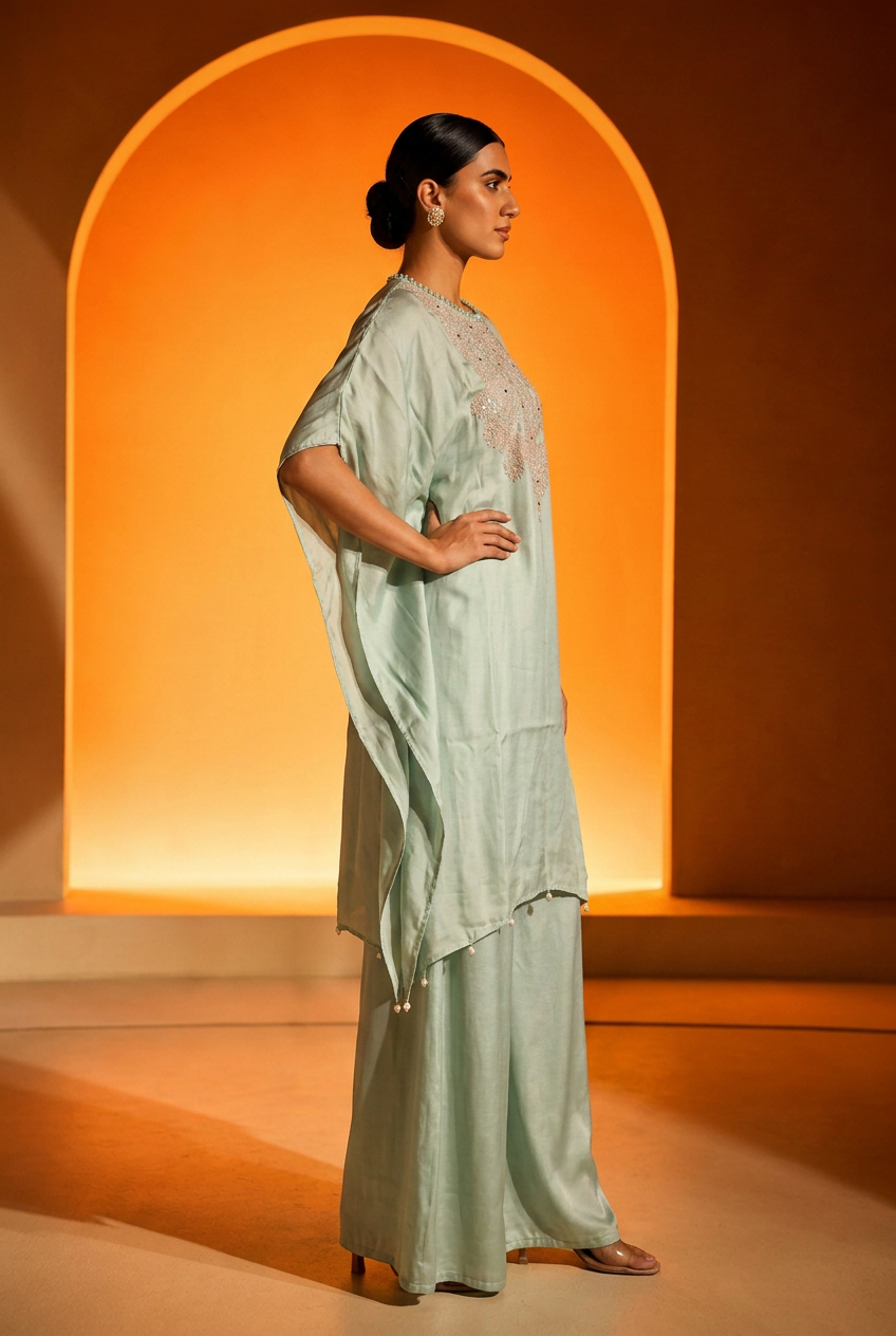 Satin Indowestern With Aari Work.