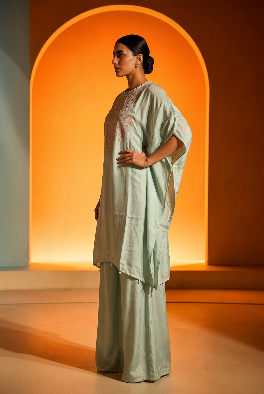Satin Indowestern With Aari Work.