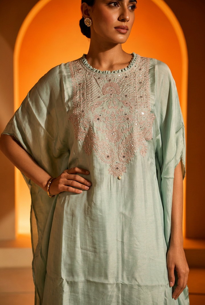Satin Indowestern With Aari Work.