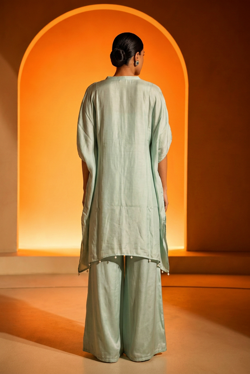 Satin Indowestern With Aari Work.