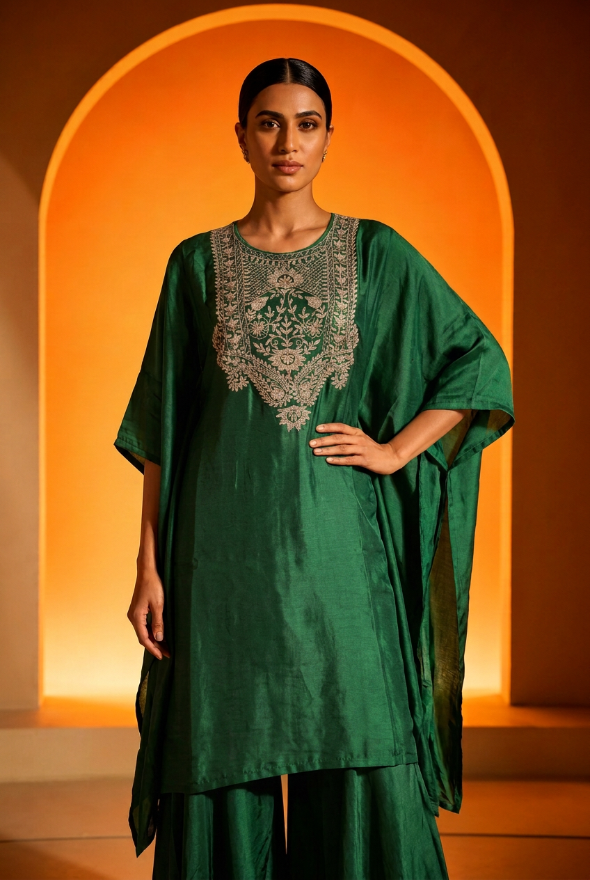 Satin Indowestern With Aari Work.