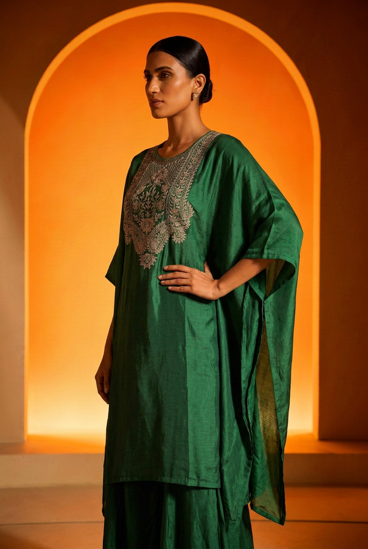 Satin Indowestern With Aari Work.