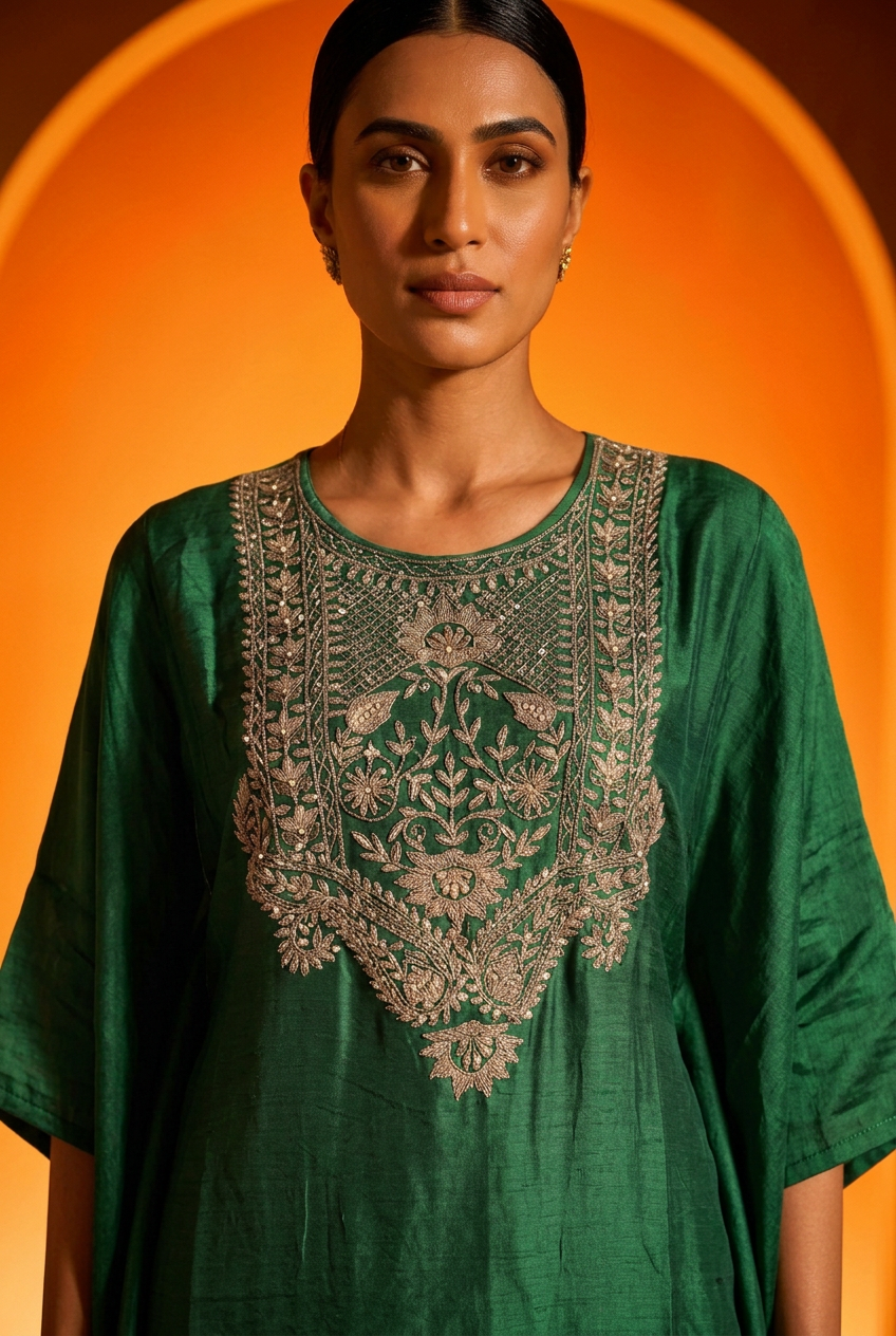 Satin Indowestern With Aari Work.
