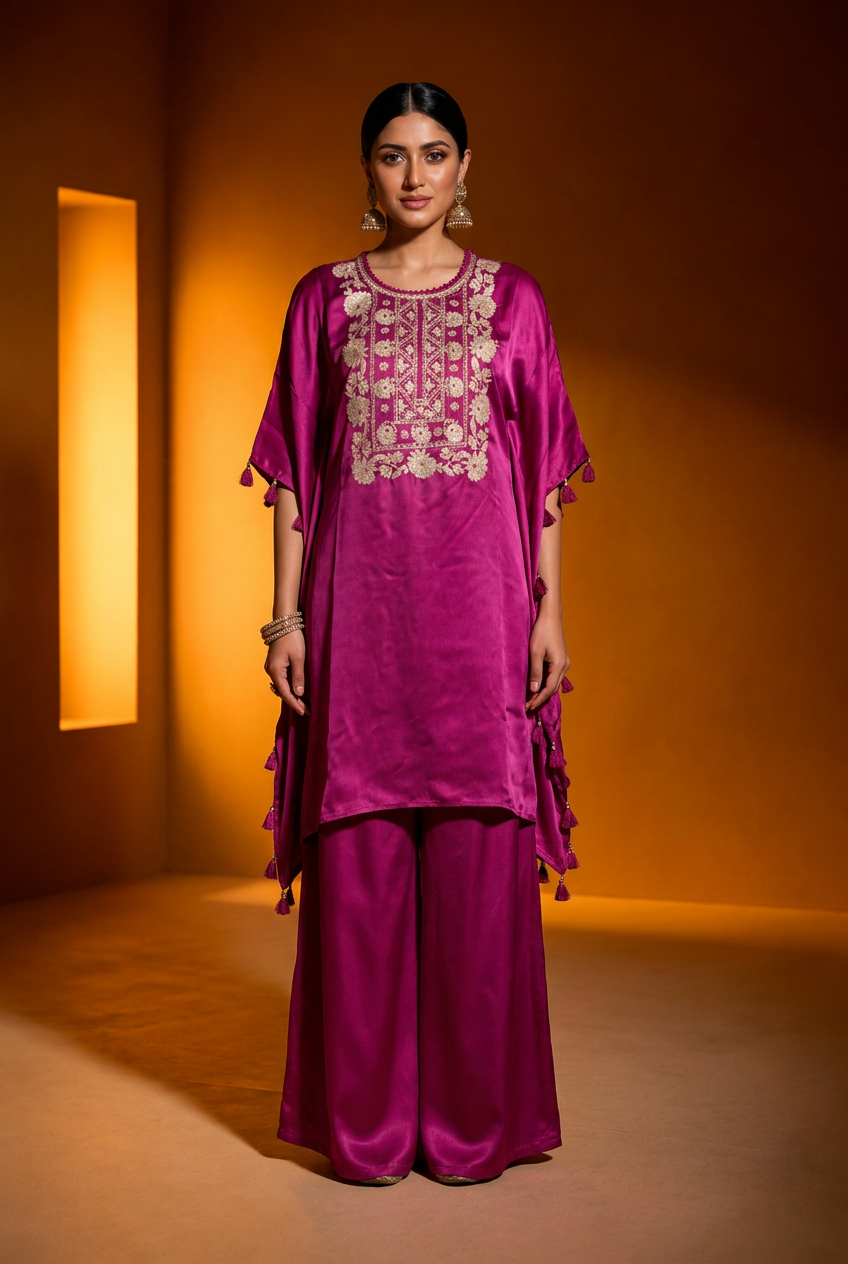 Satin Indowestern With Aari Work.