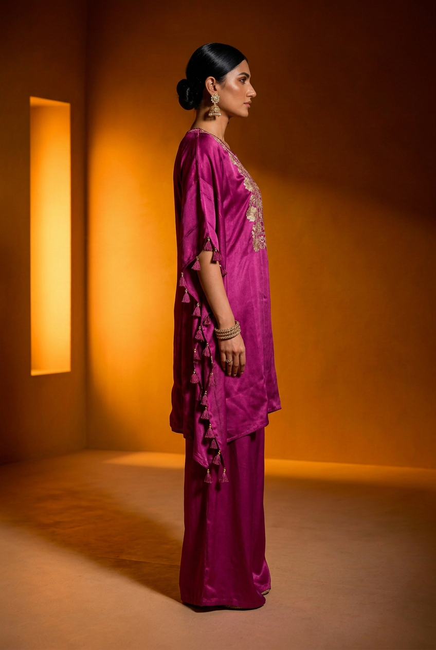 Satin Indowestern With Aari Work.