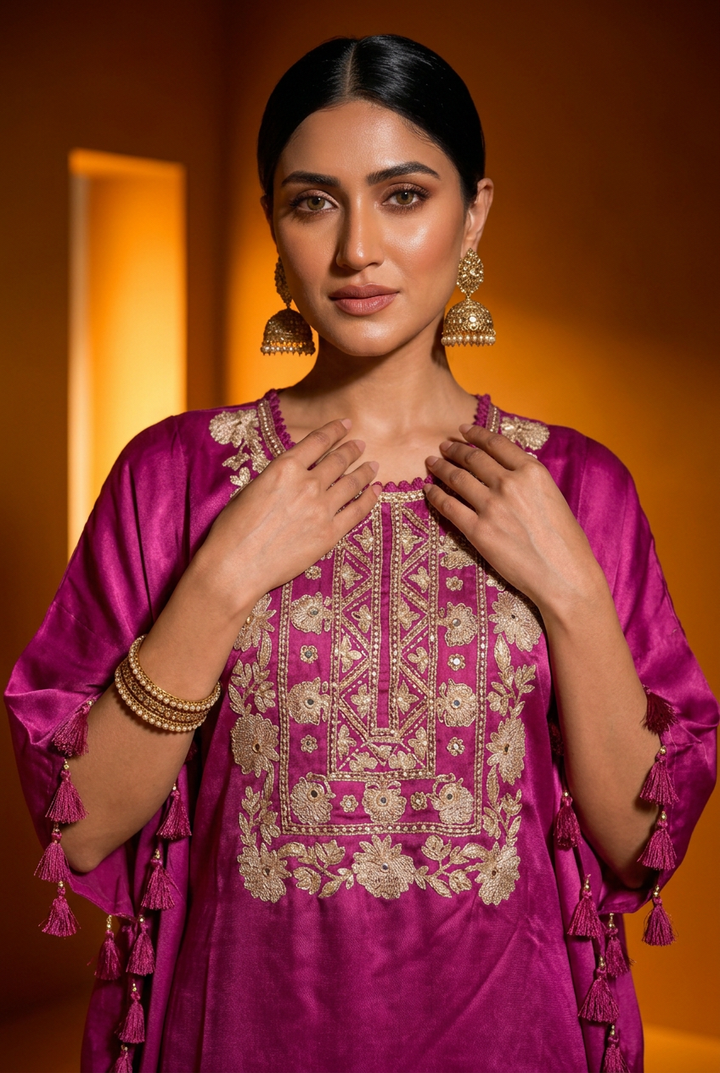 Satin Indowestern With Aari Work.