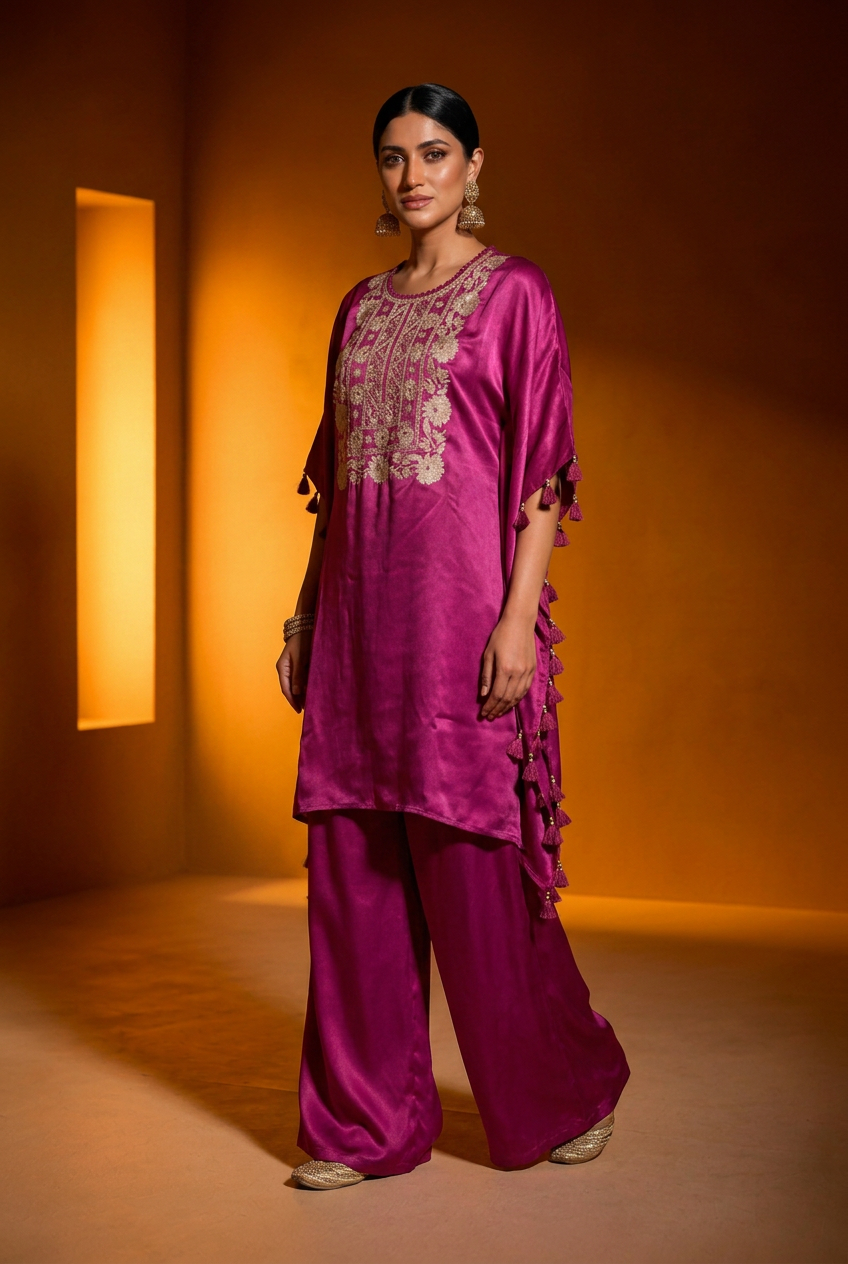 Satin Indowestern With Aari Work.