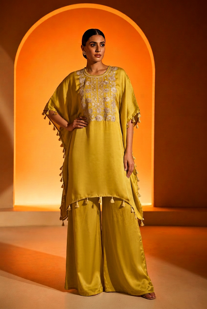 Satin Indowestern With Aari Work.