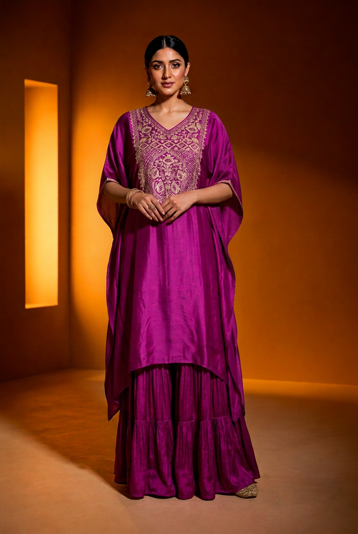 Satin Indowestern With Aari Work.