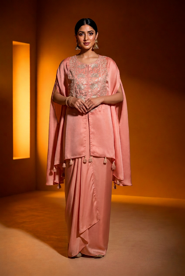 Satin Indowestern With Aari Work.