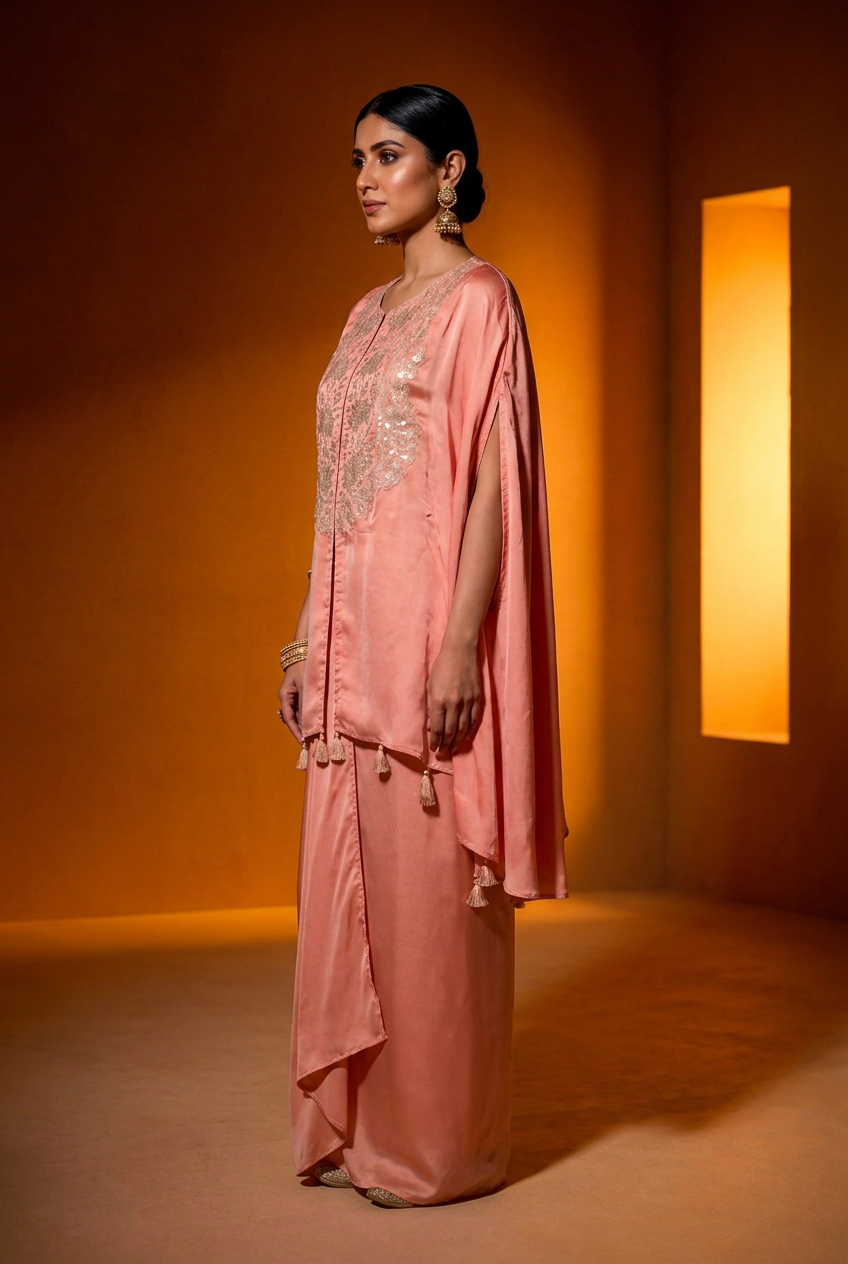 Satin Indowestern With Aari Work.